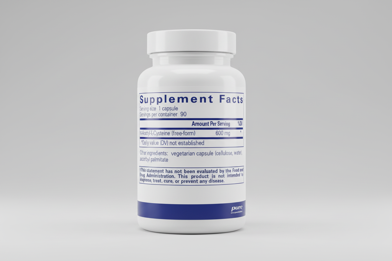 Supplement facts label for N-Acetyl-L-Cysteine with serving size, servings per container, and other ingredients on a white background.