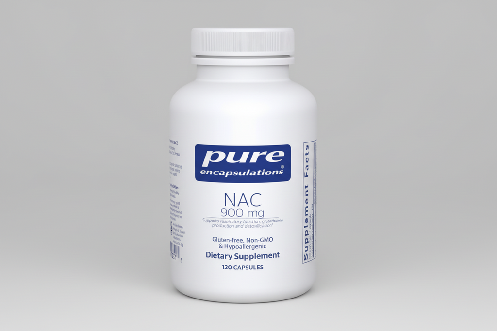 White supplement bottle labeled 'pure encapsulations NAC 900 mg' on a white background