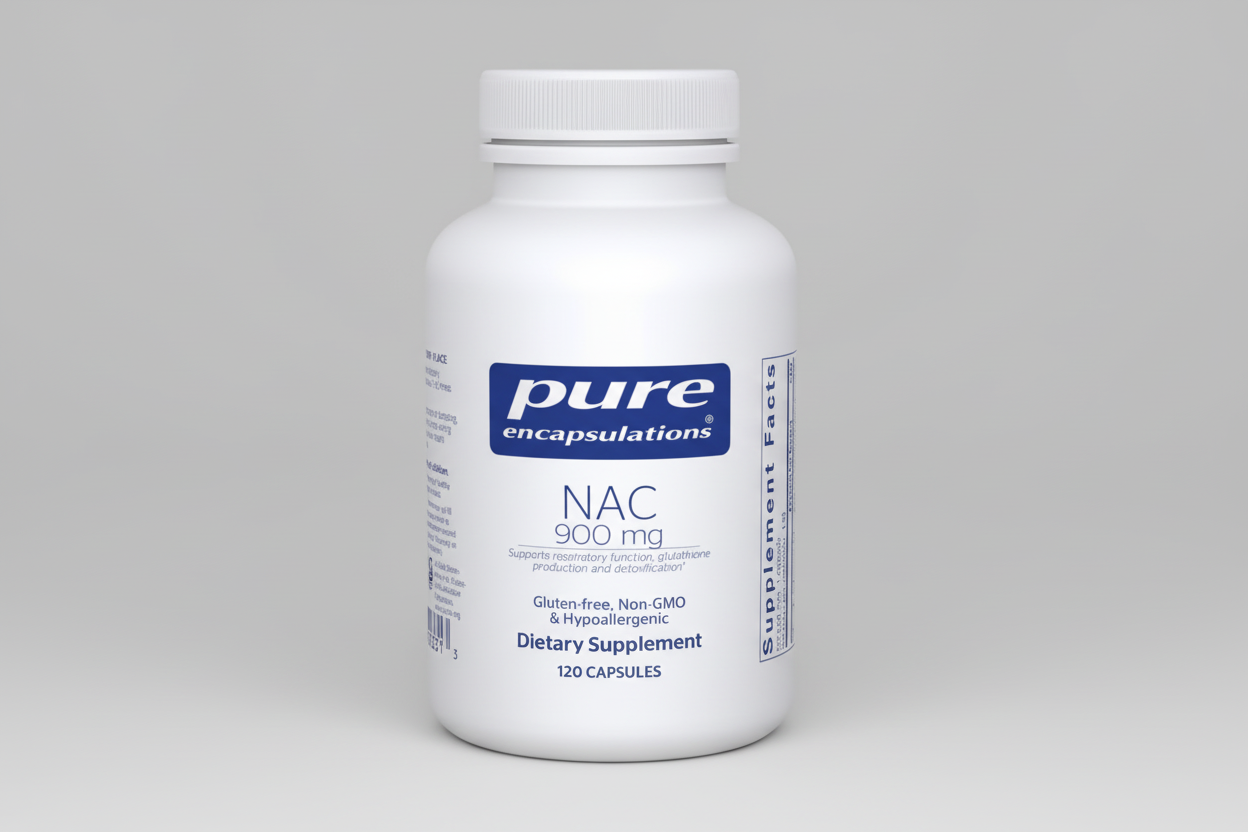 White supplement bottle labeled 'pure encapsulations NAC 900 mg' on a white background