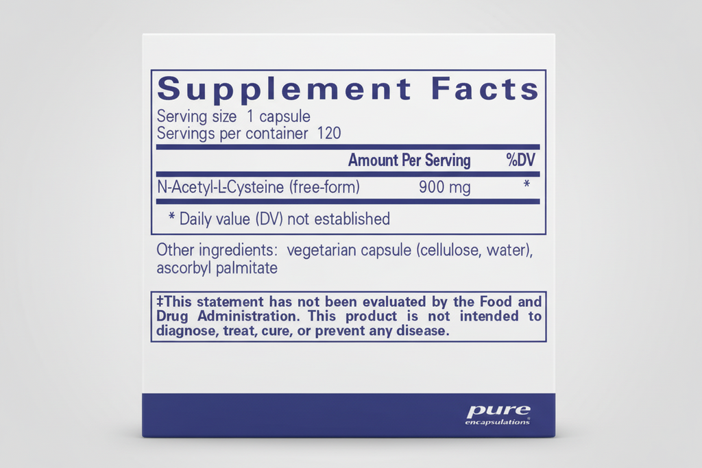 Supplement facts label for N-Acetyl-L-Cysteine with serving size, servings per container, and other ingredients on a blue background.