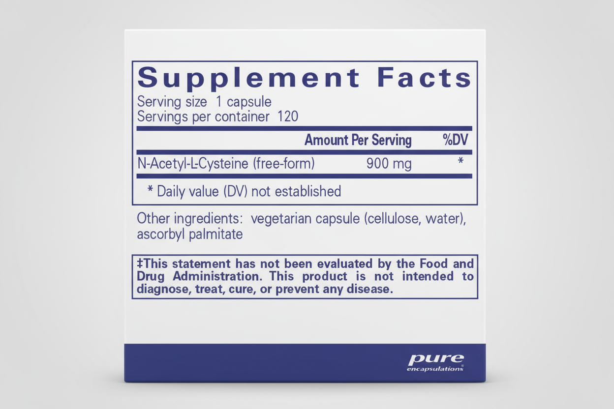 Supplement facts label for N-Acetyl-L-Cysteine with serving size, servings per container, and other ingredients on a blue background.