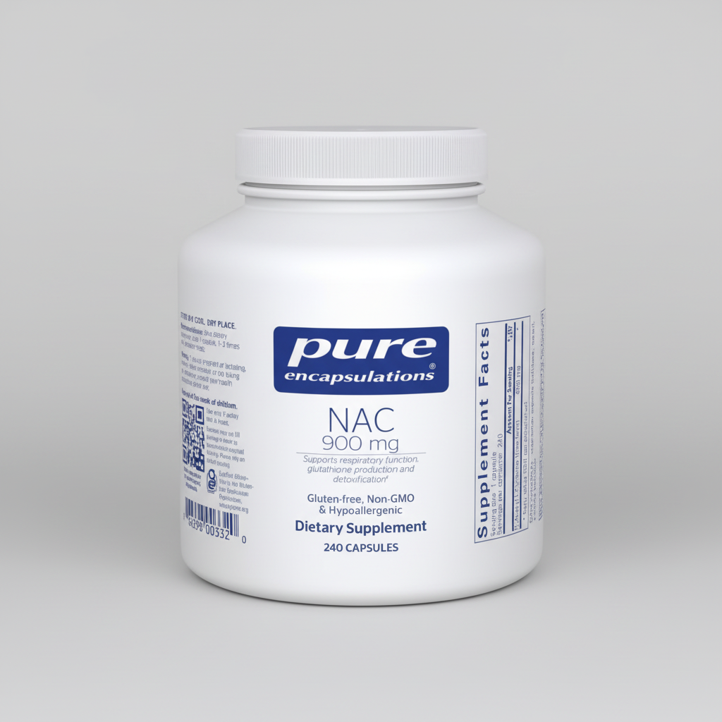 White supplement container labeled 'pure encapsulations NAC 900 mg' on a white background