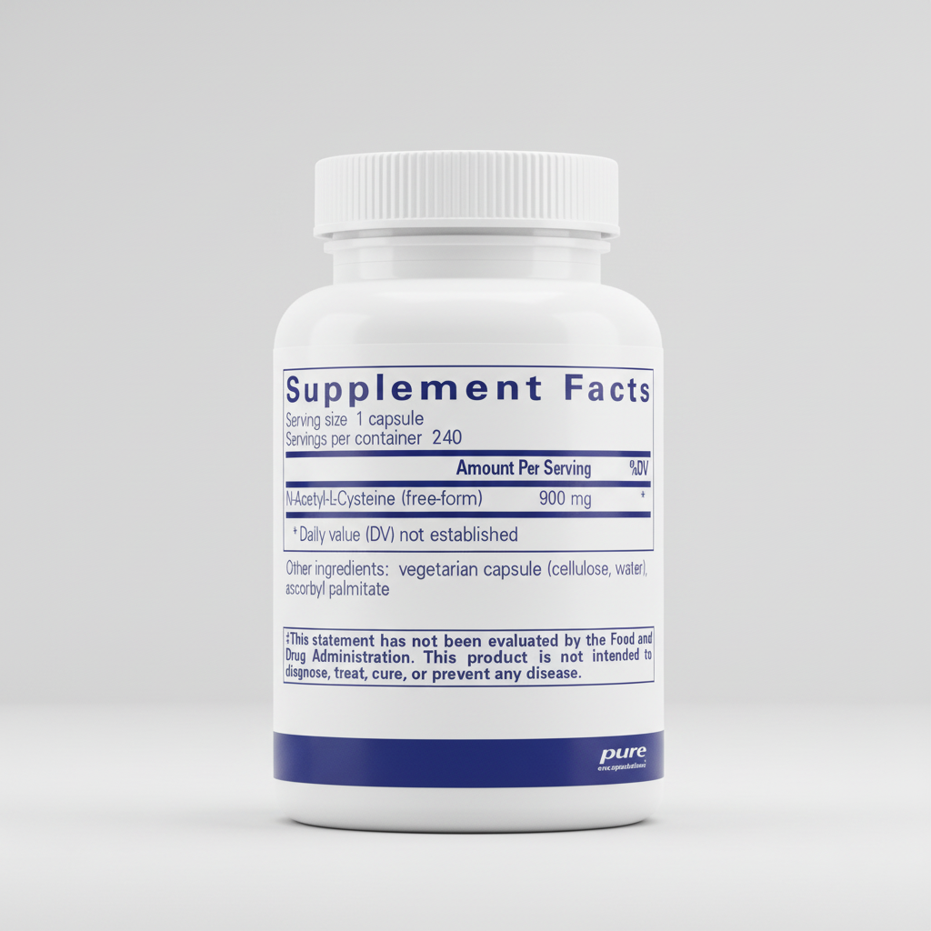 Supplement facts label for N-Acetyl-L-Cysteine with serving size and container details.