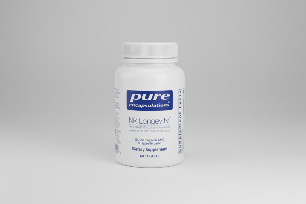 Supplement bottle labeled 'pure encapsulations NR Longevity' on a white background