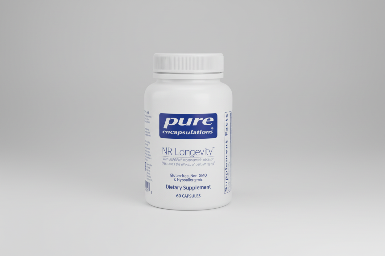 Supplement bottle labeled 'pure encapsulations NR Longevity' on a white background