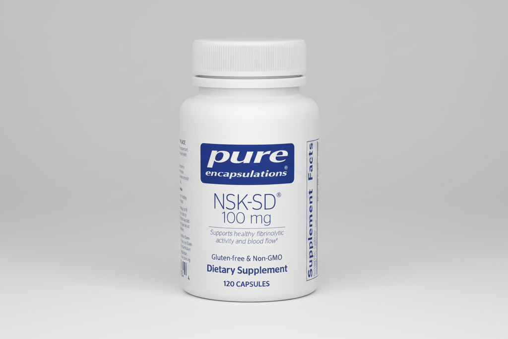 White supplement bottle labeled 'pure encapsulations NSK-SD 100 mg' on a white background
