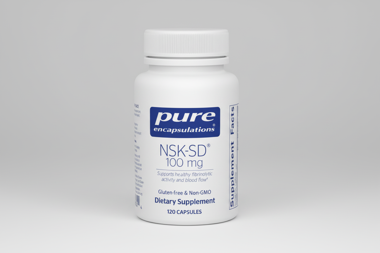 White supplement bottle labeled 'pure encapsulations NSK-SD 100 mg' on a white background