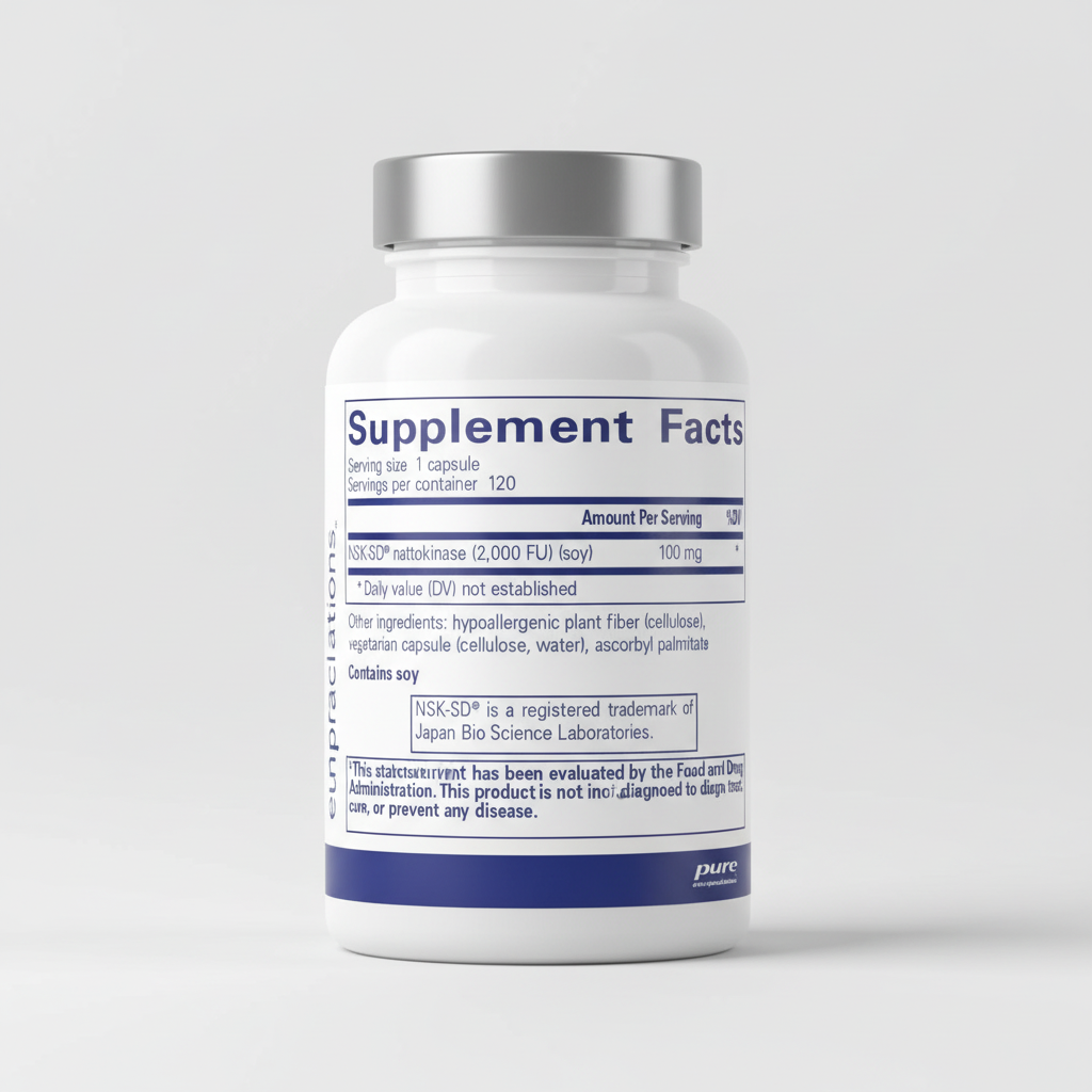 Supplement facts label for NSK-SD nattokinase capsule with serving size, servings per container, and ingredient list.