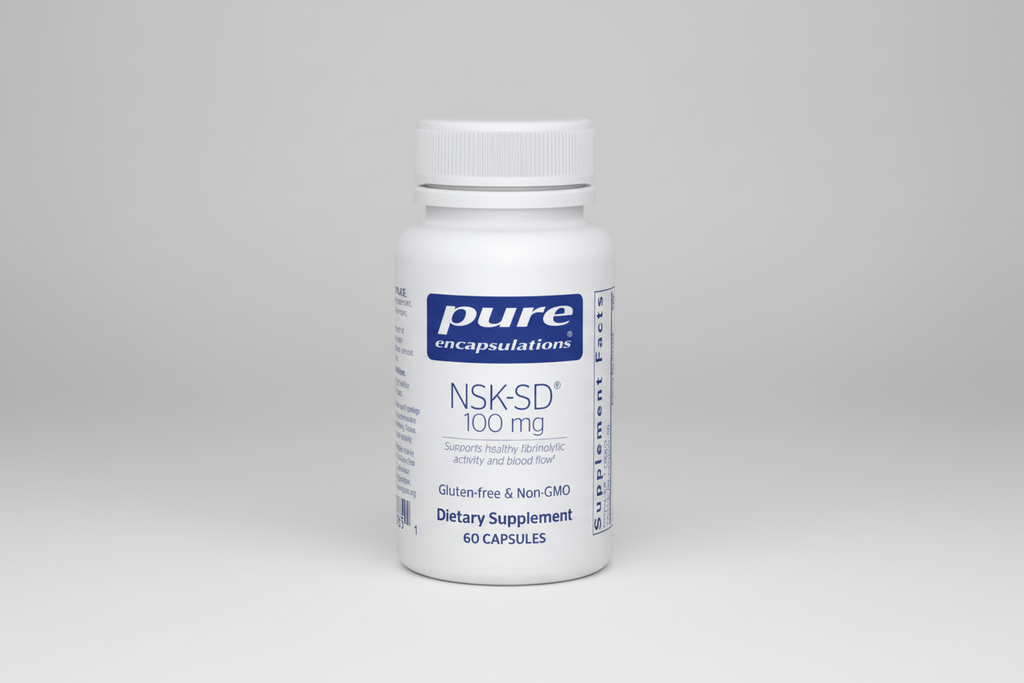 Supplement bottle labeled 'pure encapsulations NSK-SD 100 mg' on a white background
