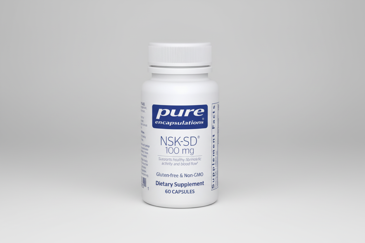 Supplement bottle labeled 'pure encapsulations NSK-SD 100 mg' on a white background