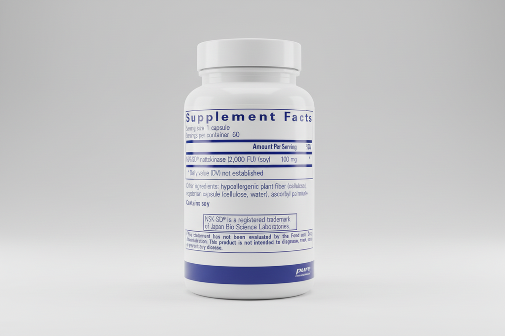 Supplement facts label for NSK-SD nattokinase with serving size, servings per container, and ingredient list.