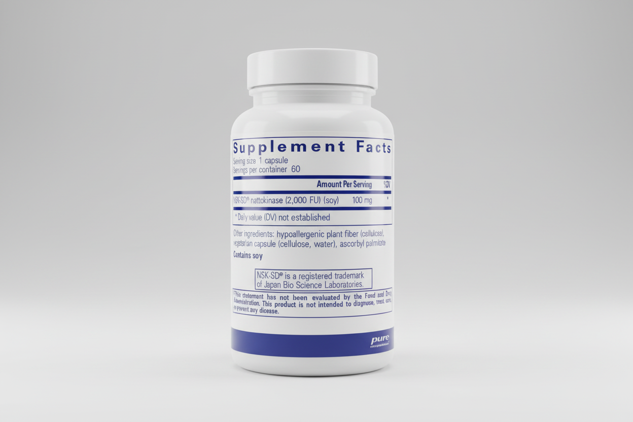Supplement facts label for NSK-SD nattokinase with serving size, servings per container, and ingredient list.