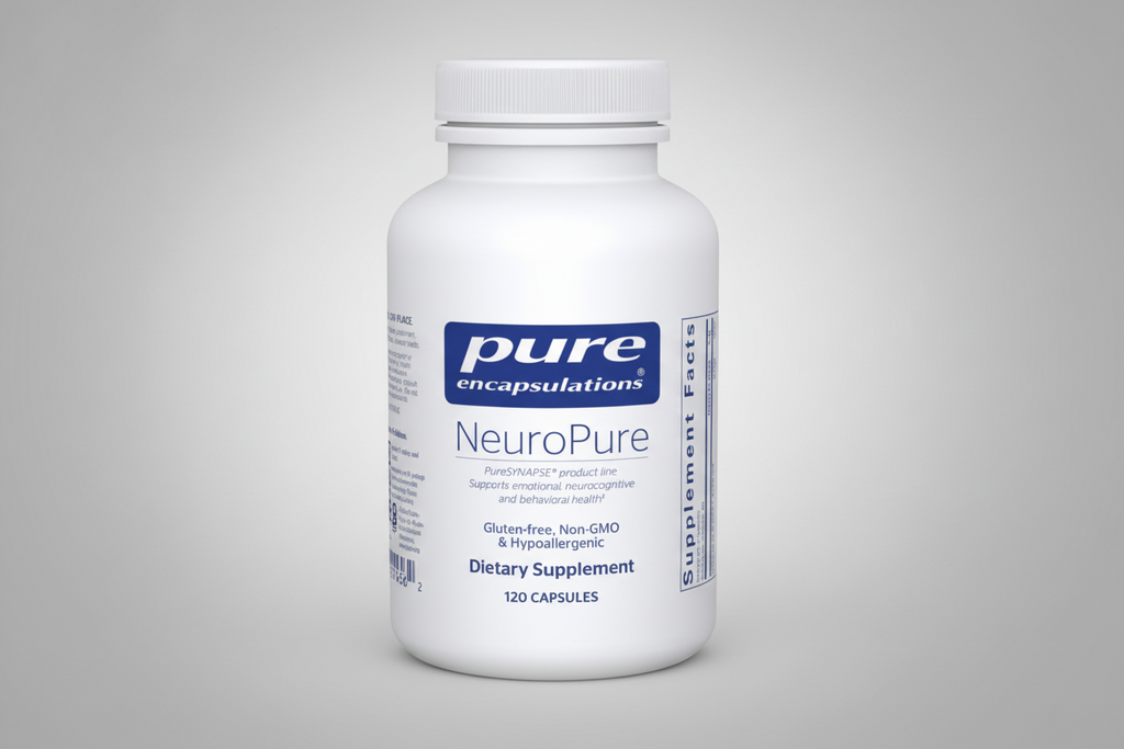 White supplement bottle labeled 'NeuroPure' by pure encapsulations on a white background
