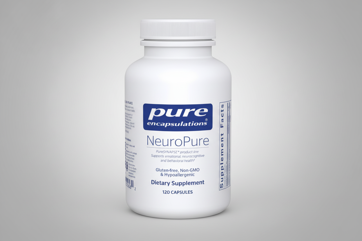 White supplement bottle labeled 'NeuroPure' by pure encapsulations on a white background