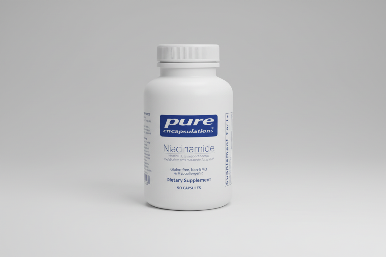 White supplement bottle labeled 'pure encapsulations Niacinamide' on a white background