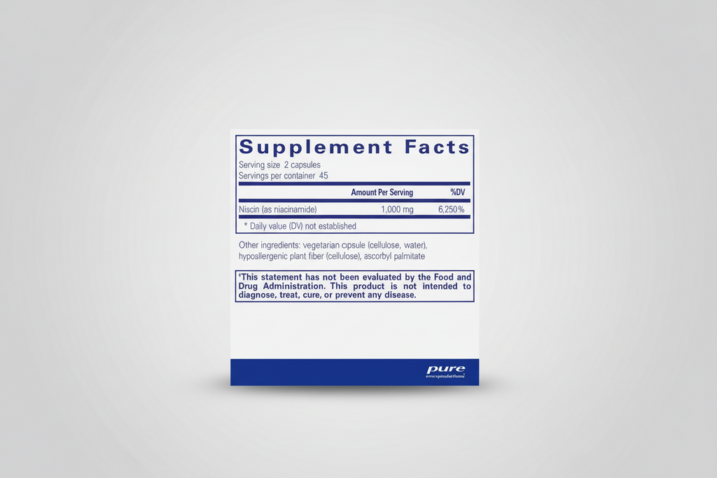 Supplement facts label for a niacin supplement with serving size, servings per container, and ingredient list.