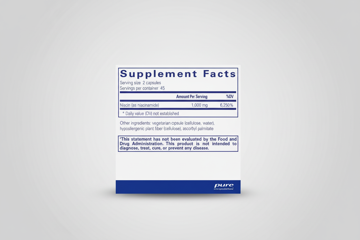 Supplement facts label for a niacin supplement with serving size, servings per container, and ingredient list.