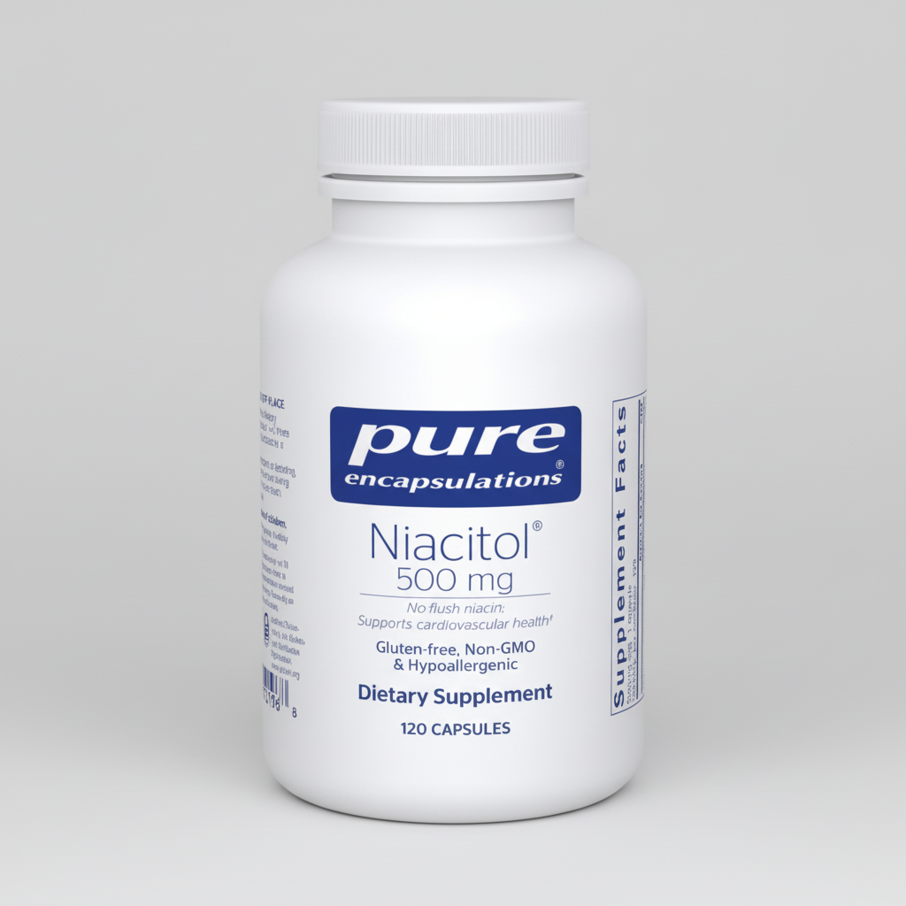 White supplement bottle labeled 'pure encapsulations Niacitol 500 mg' on a white background