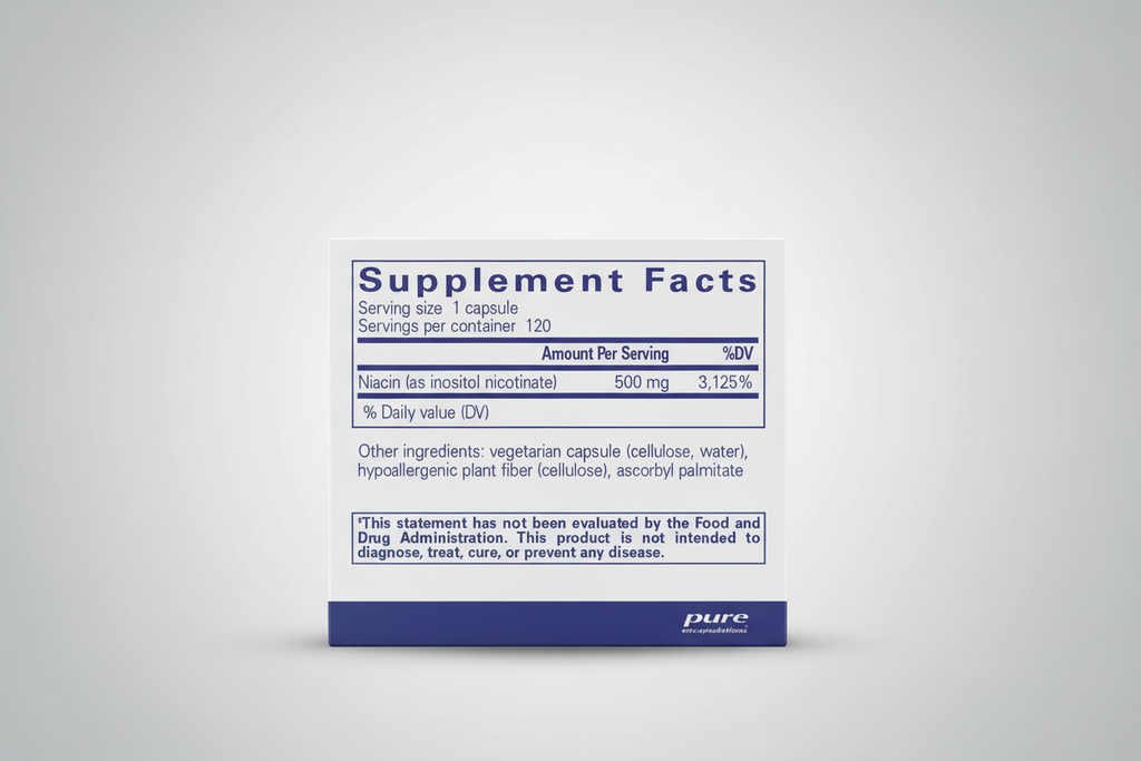 Supplement facts label for a capsule with Niacin, provided by pure encapsulations.