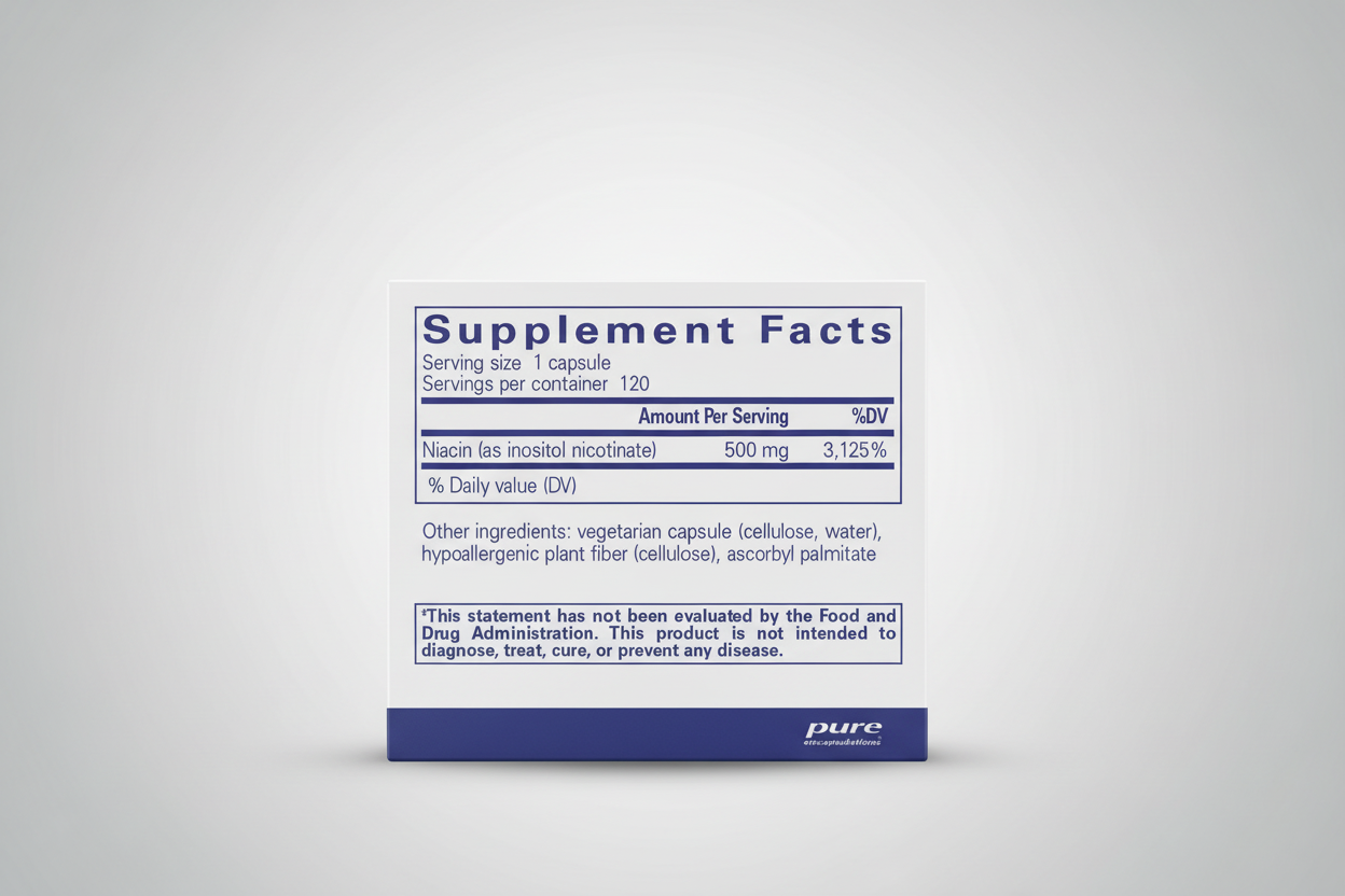 Supplement facts label for a capsule with Niacin, provided by pure encapsulations.