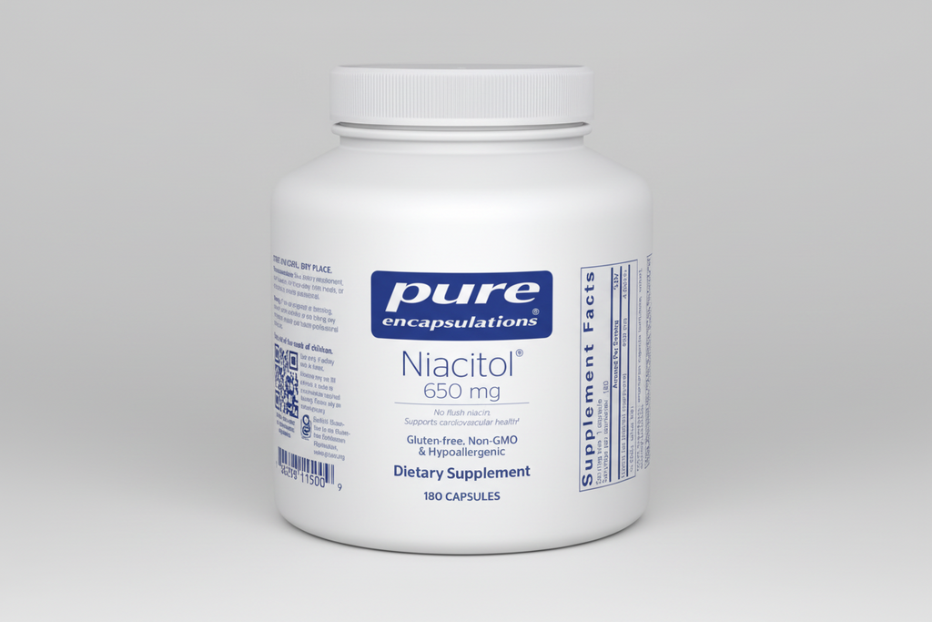 White supplement container labeled 'pure encapsulations Niacitol 650 mg' on a white background