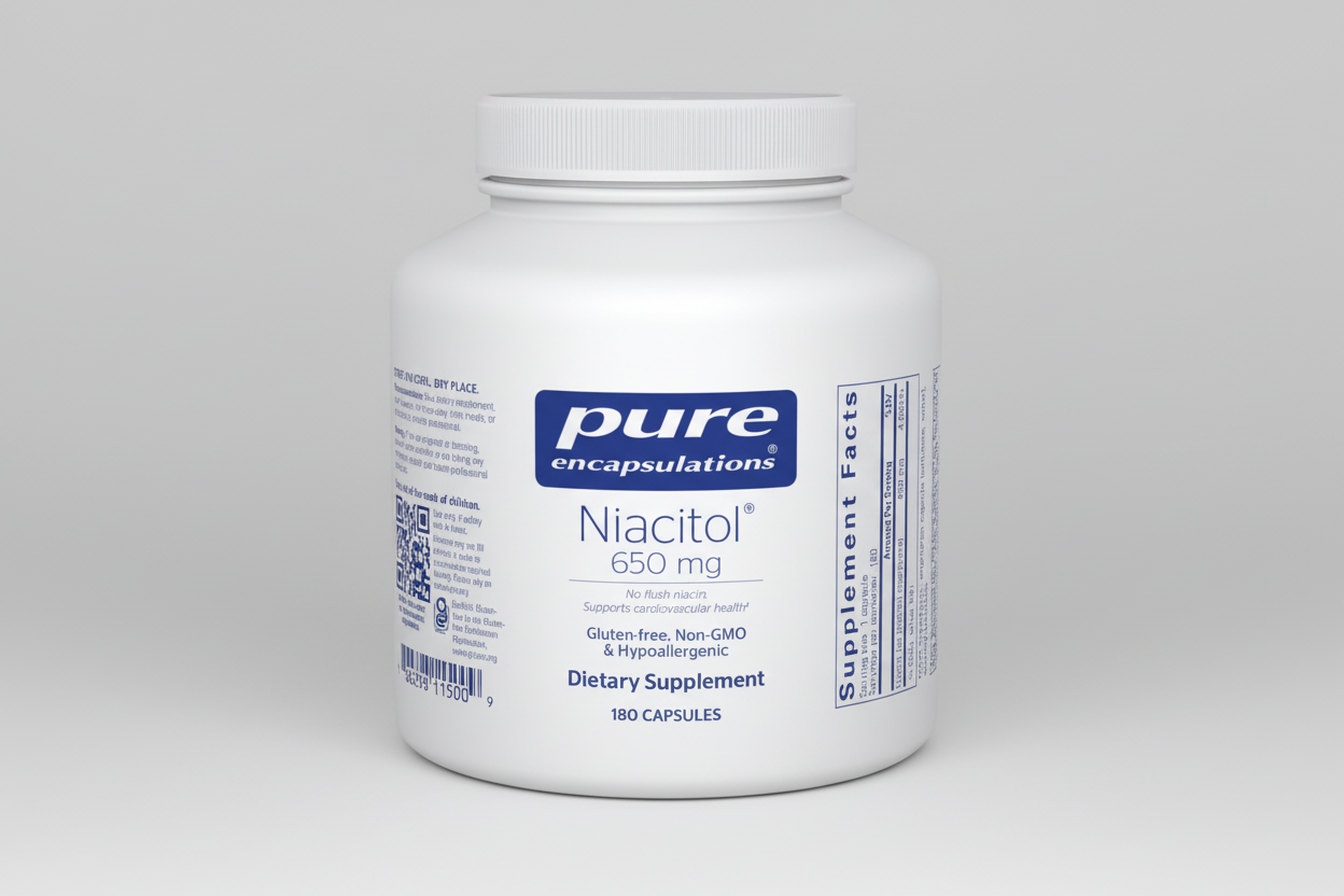 White supplement container labeled 'pure encapsulations Niacitol 650 mg' on a white background