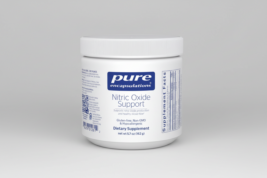 White supplement container labeled 'pure encapsulations Nitric Oxide Support' on a white background
