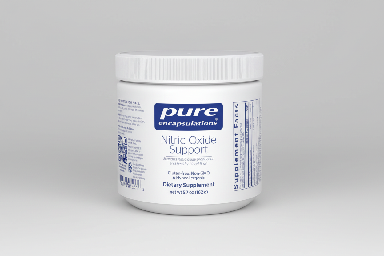 White supplement container labeled 'pure encapsulations Nitric Oxide Support' on a white background