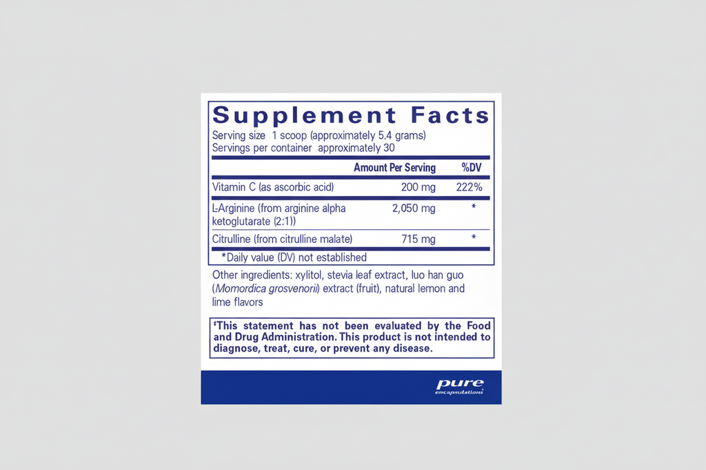Supplement facts label for a product by pure encapsulations with nutritional information.