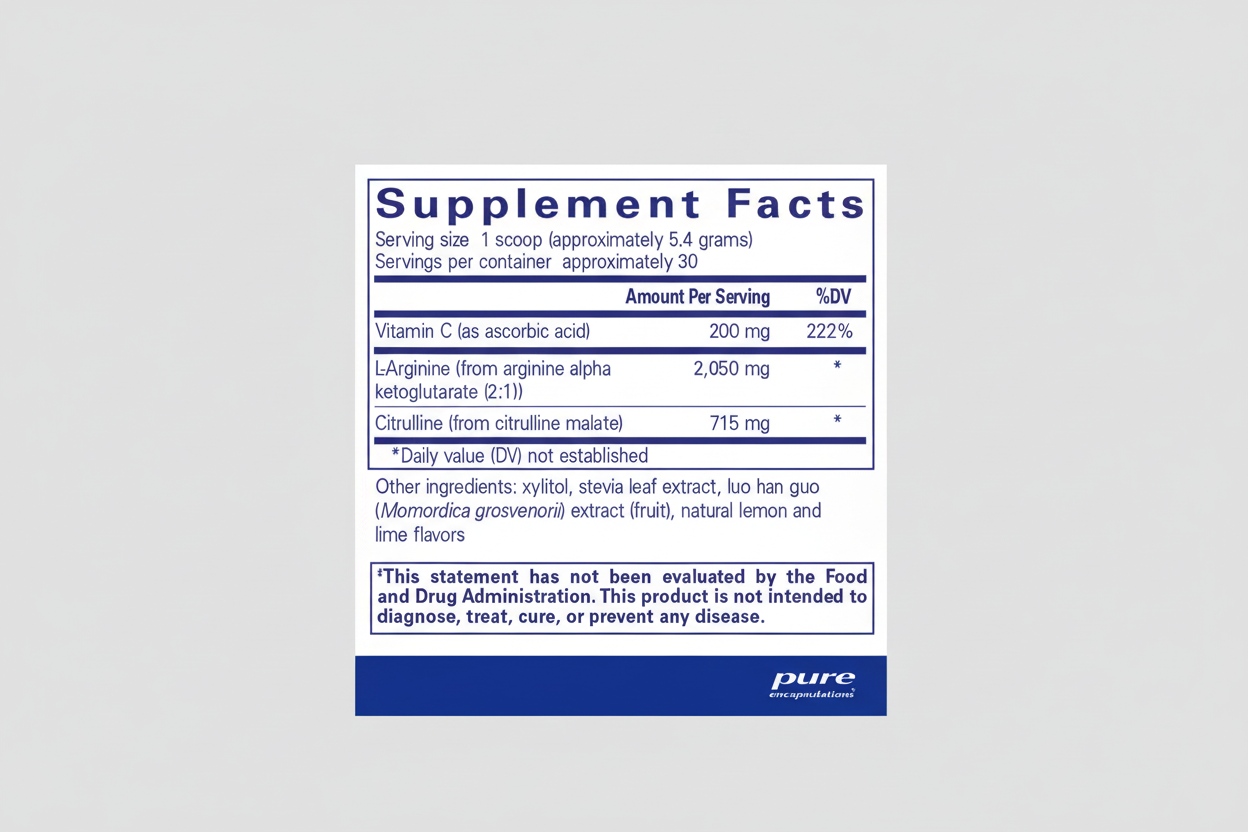 Supplement facts label for a product by pure encapsulations with nutritional information.