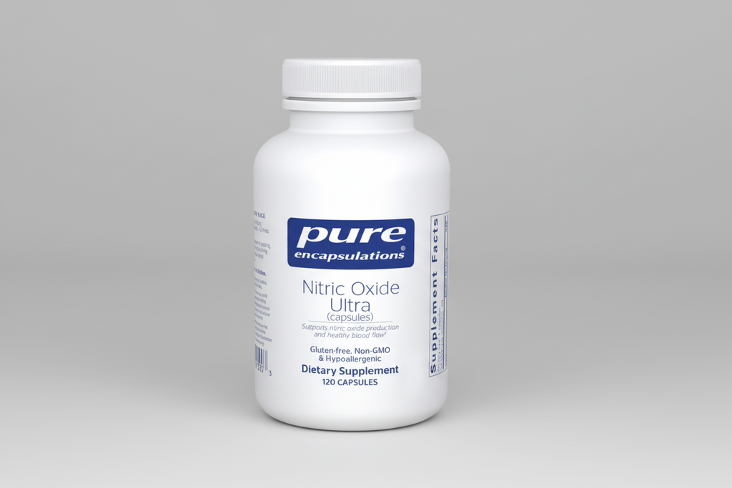 White supplement bottle labeled 'pure encapsulations Nitric Oxide Ultra' on a white background