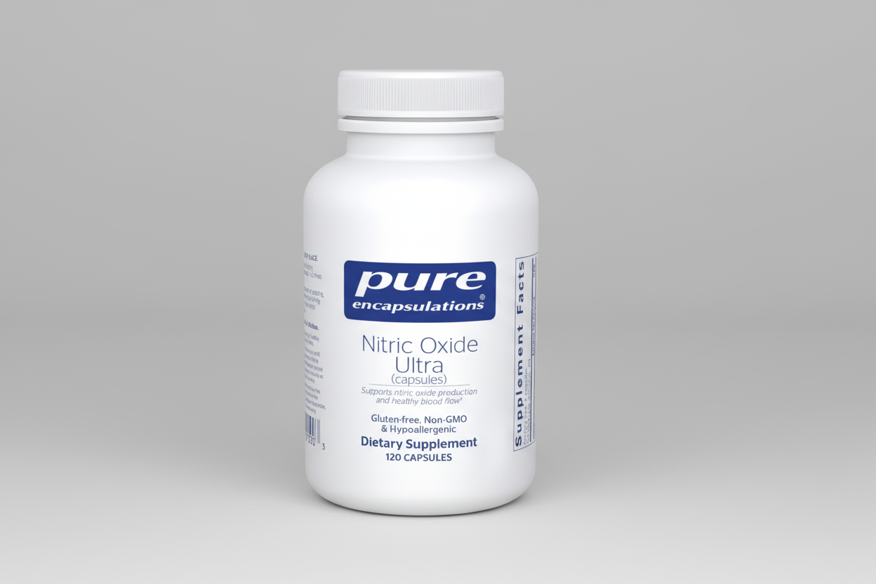 White supplement bottle labeled 'pure encapsulations Nitric Oxide Ultra' on a white background