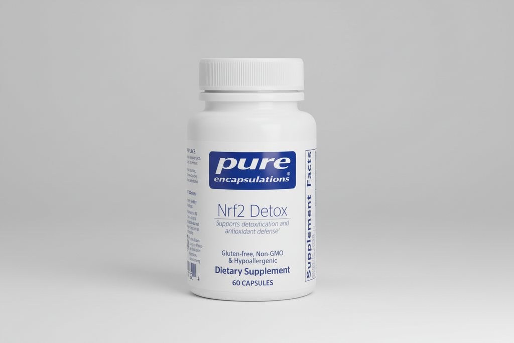 White supplement bottle labeled 'pure encapsulations Nrf2 Detox' on a white background