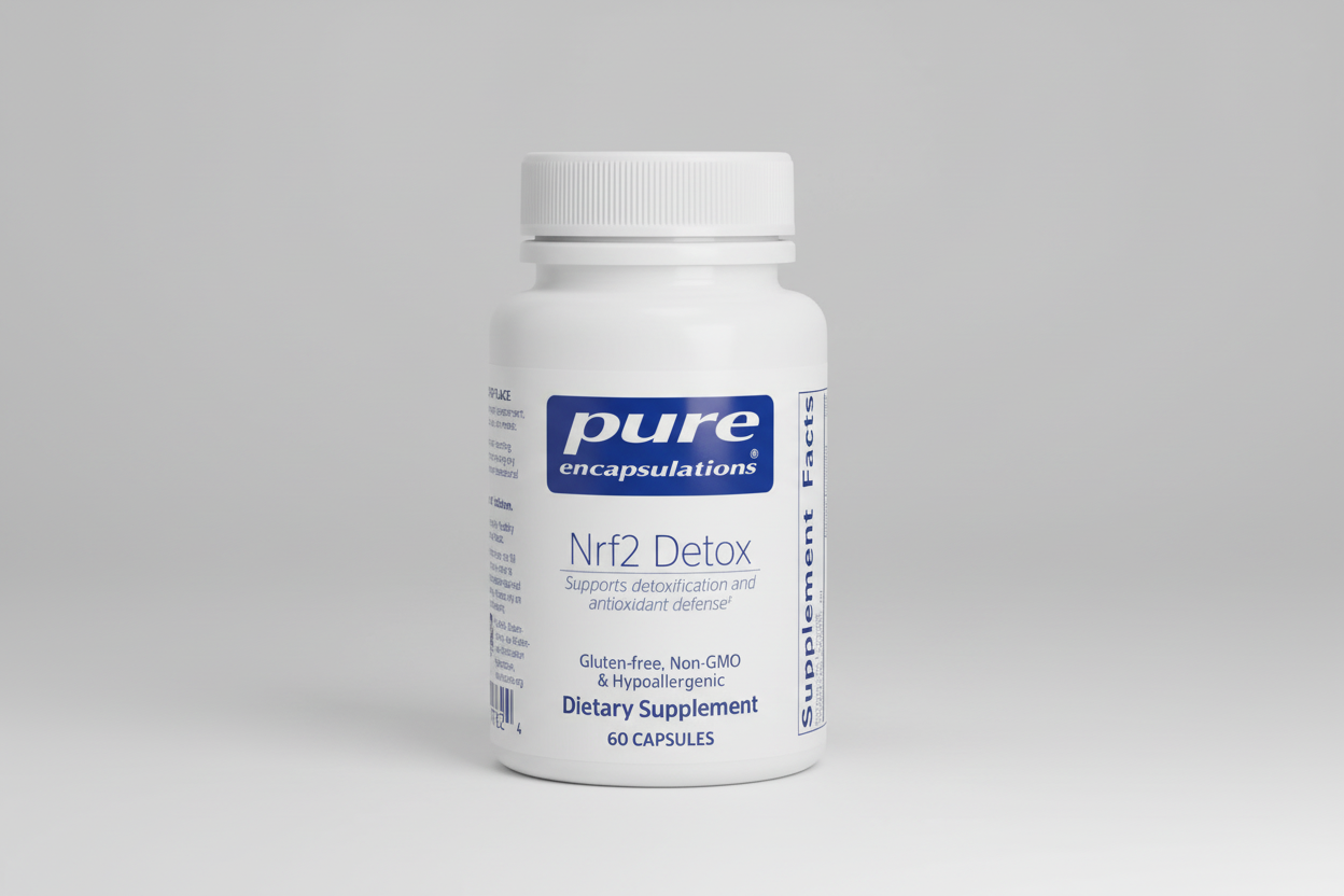 White supplement bottle labeled 'pure encapsulations Nrf2 Detox' on a white background