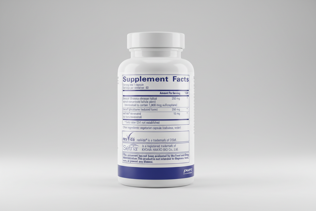Supplement facts label for a product containing broccoli sprout concentrate, Setria glutathione, and resveratrol.