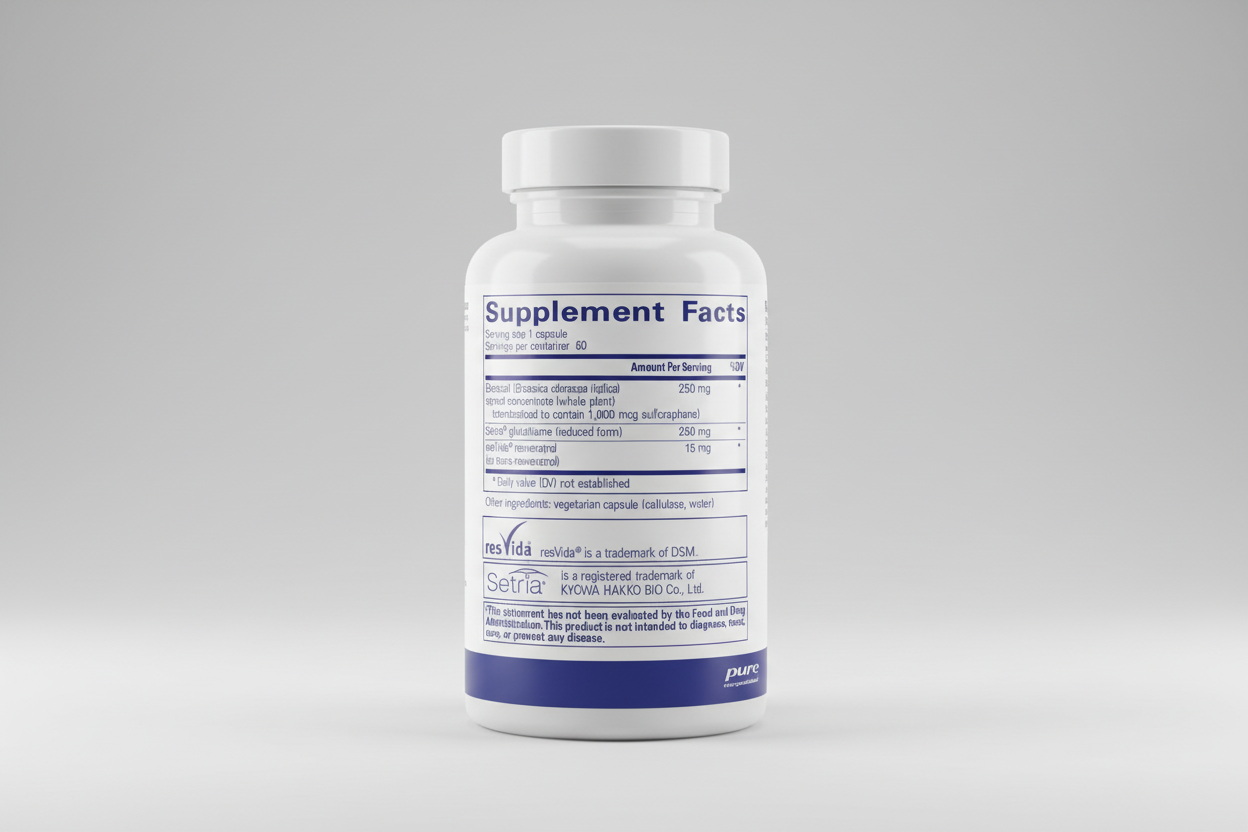 Supplement facts label for a product containing broccoli sprout concentrate, Setria glutathione, and resveratrol.