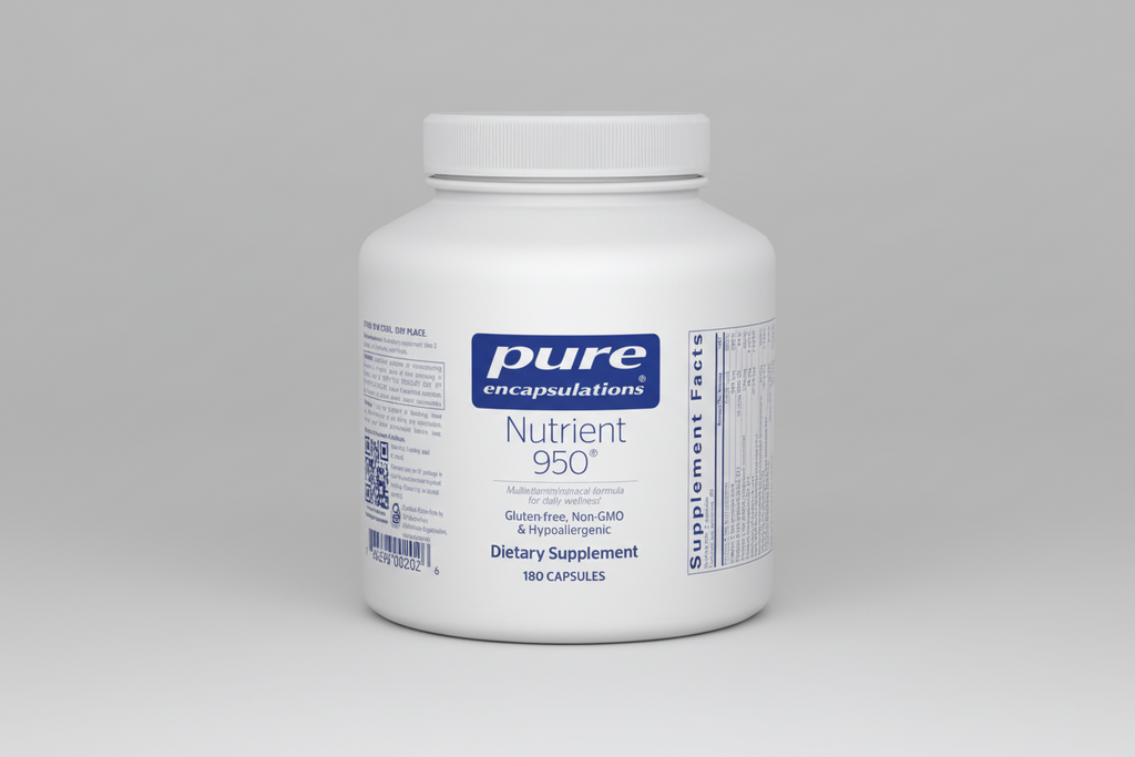 White supplement bottle labeled 'pure encapsulations Nutrient 950' on a white background
