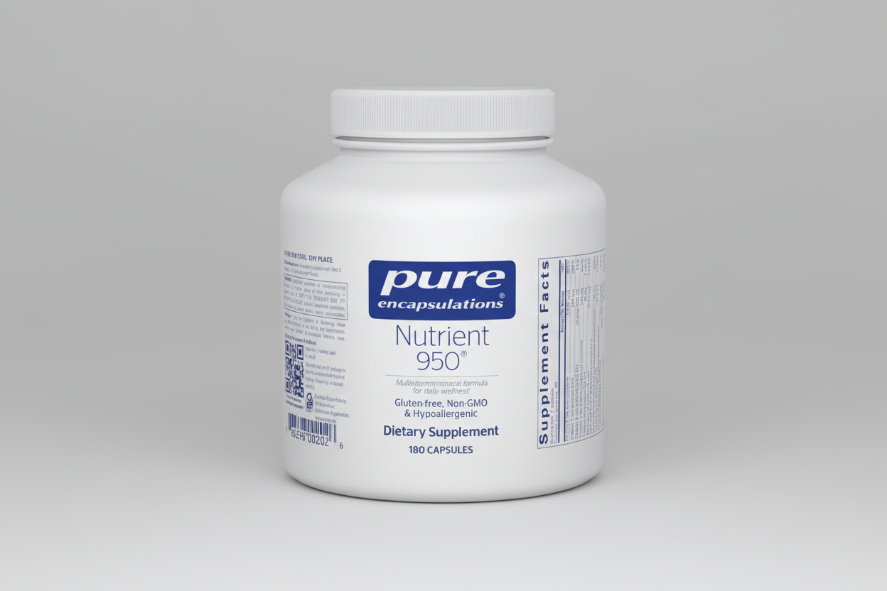 White supplement bottle labeled 'pure encapsulations Nutrient 950' on a white background