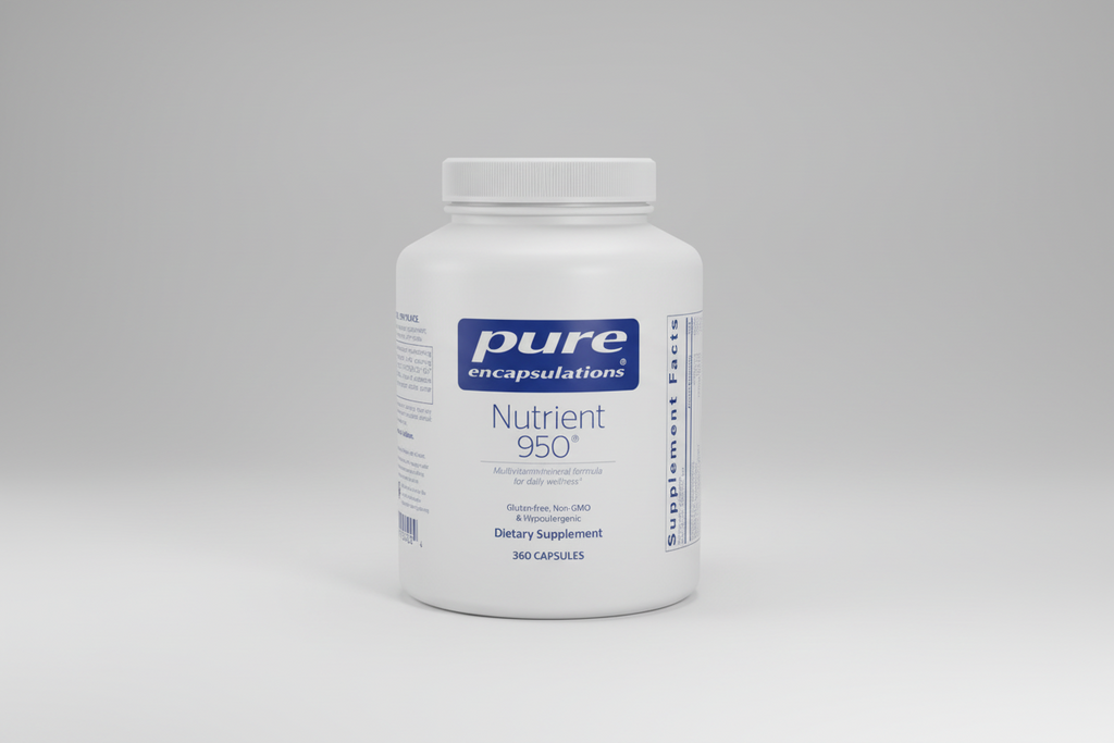 White supplement container labeled 'pure encapsulations Nutrient 950' on a white background
