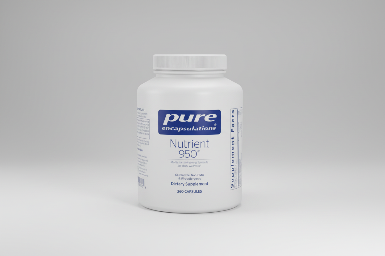 White supplement container labeled 'pure encapsulations Nutrient 950' on a white background