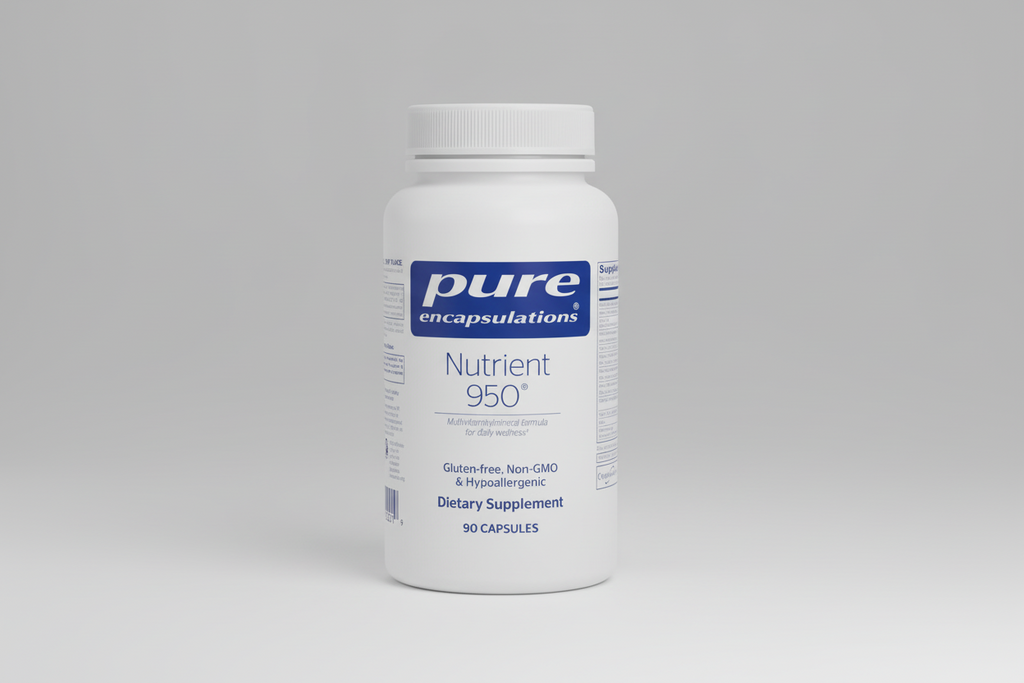 Supplement bottle labeled 'pure encapsulations Nutrient 950' on a white background