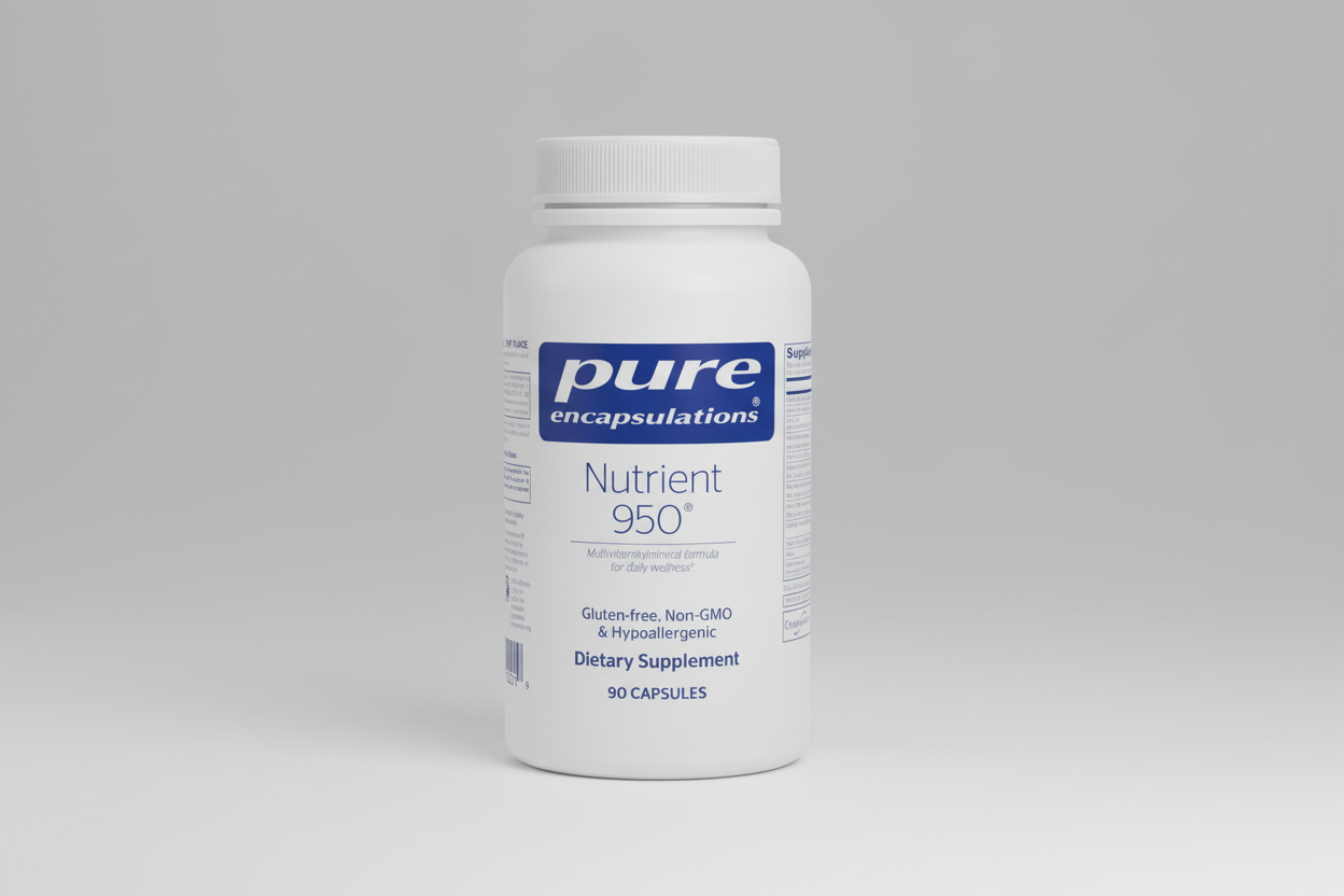 Supplement bottle labeled 'pure encapsulations Nutrient 950' on a white background