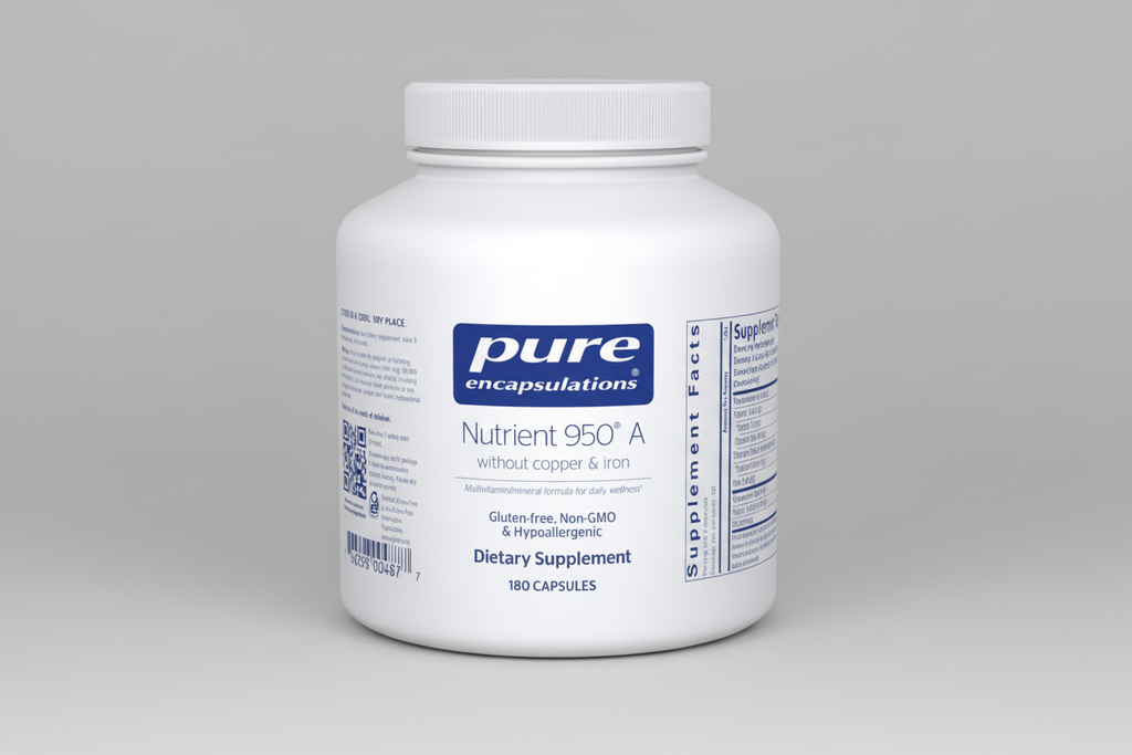 White supplement container labeled 'pure encapsulations Nutrient 950 A' on a white background