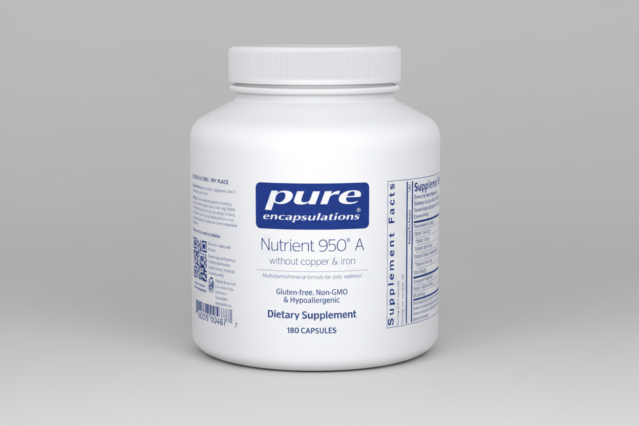White supplement container labeled 'pure encapsulations Nutrient 950 A' on a white background