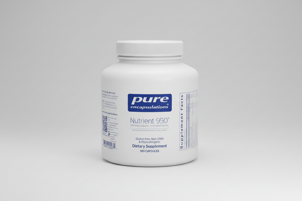 White supplement bottle labeled 'pure encapsulations Nutrient 950' on a white background