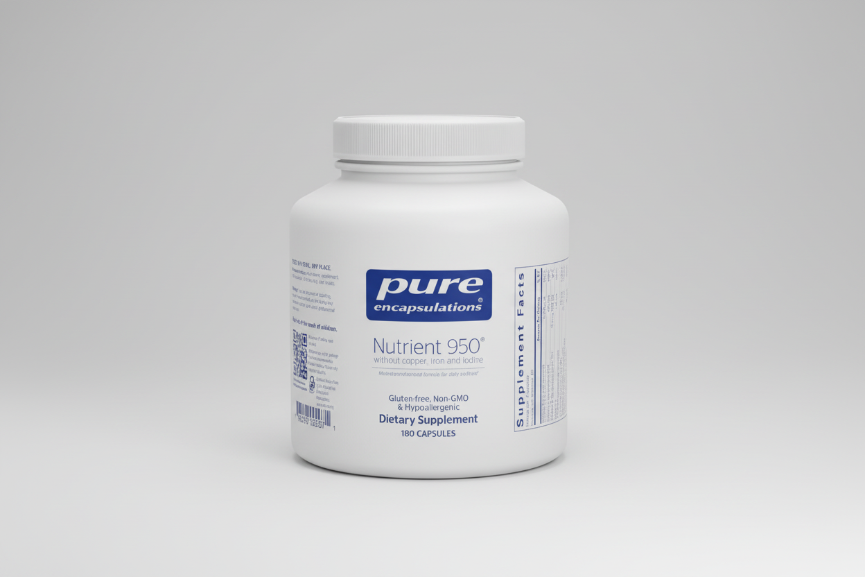 White supplement bottle labeled 'pure encapsulations Nutrient 950' on a white background