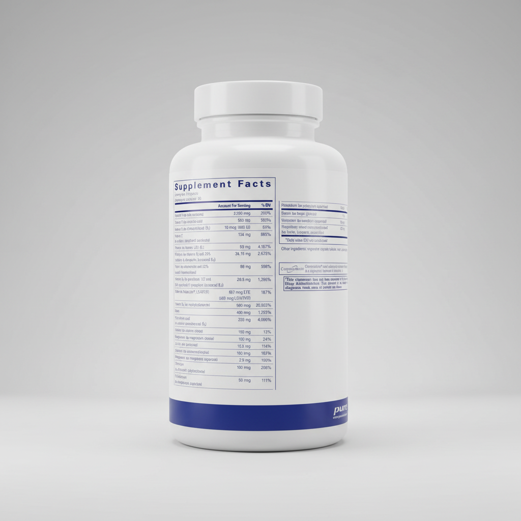 Supplement facts label for pure encapsulations with detailed nutritional information.