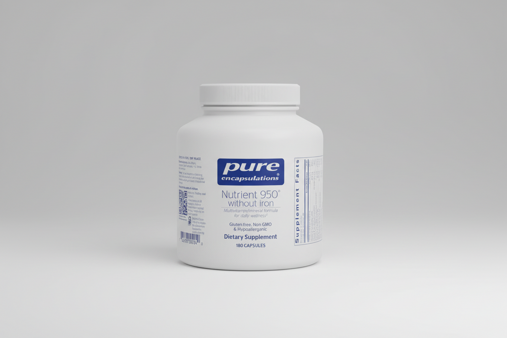 White supplement bottle labeled 'pure encapsulations Nutrient 950 without iron' on a white background