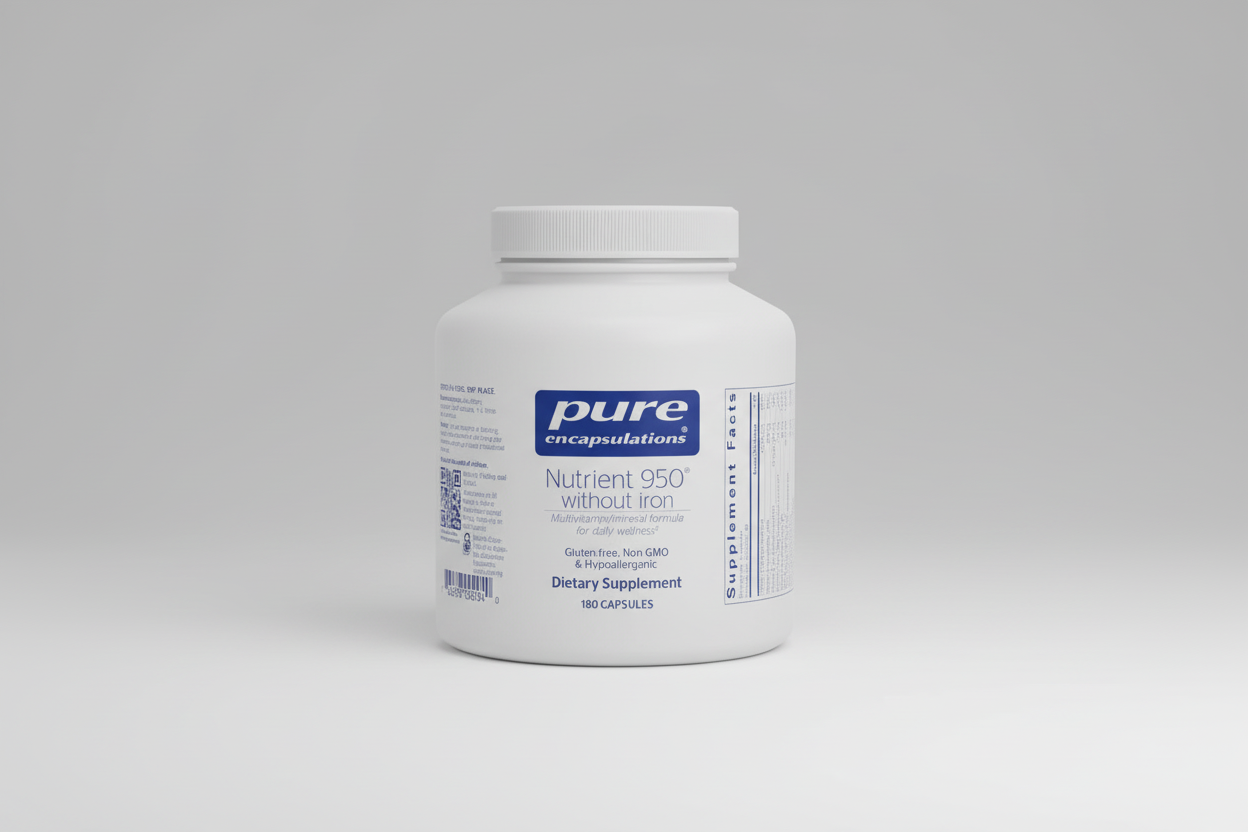 White supplement bottle labeled 'pure encapsulations Nutrient 950 without iron' on a white background