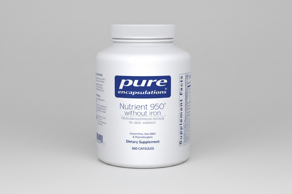 Supplement bottle labeled 'pure encapsulations Nutrient 950 without iron' on a white background
